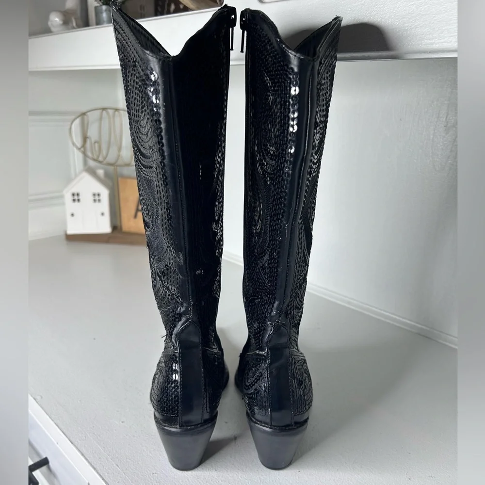 Helen’s Heart Black Sequin Western Boots Women’s 8 Pointed Toe Rhinestone Cowboy - Picture 4 of 8